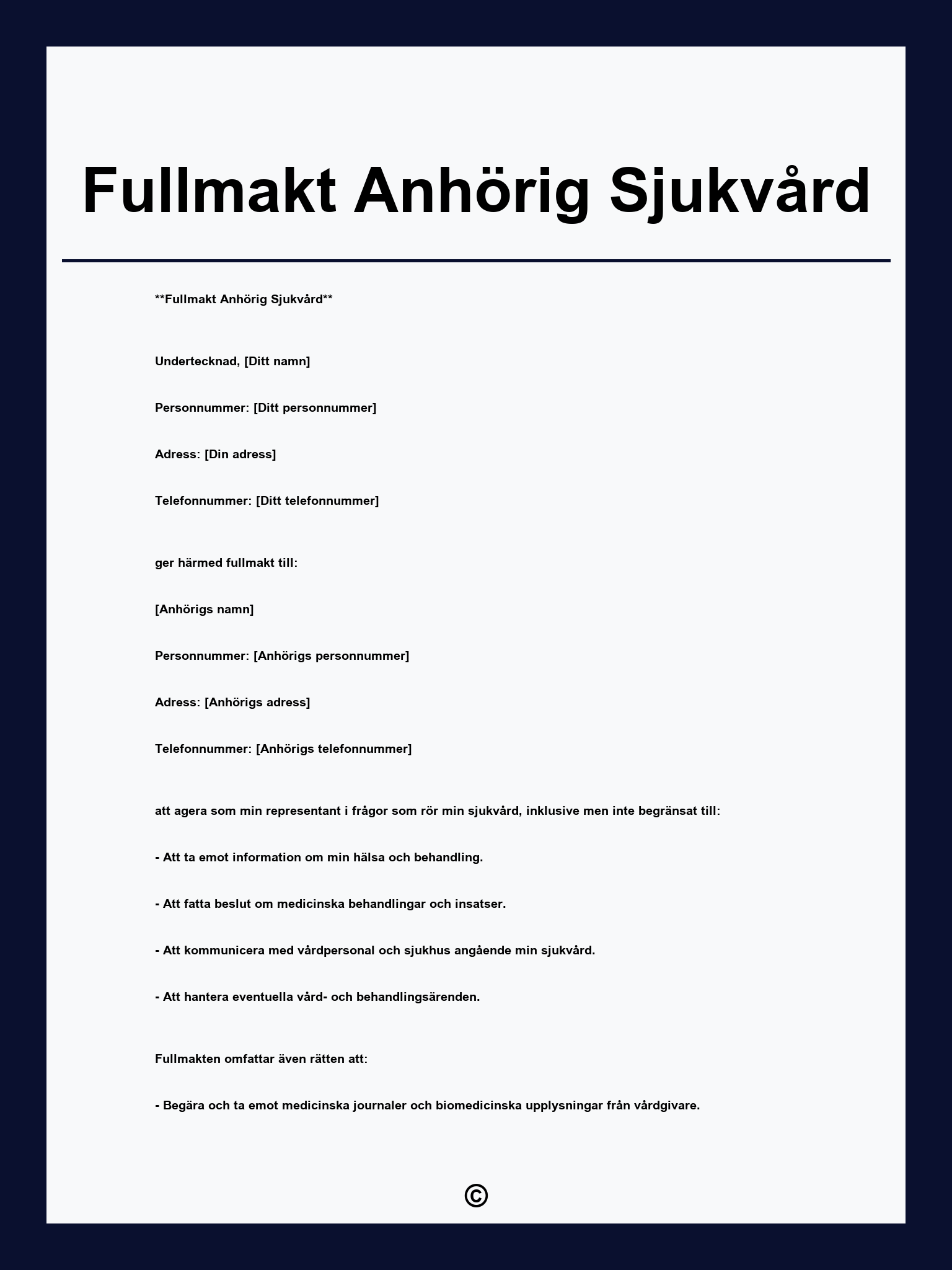 Fullmakt Anhörig Sjukvård