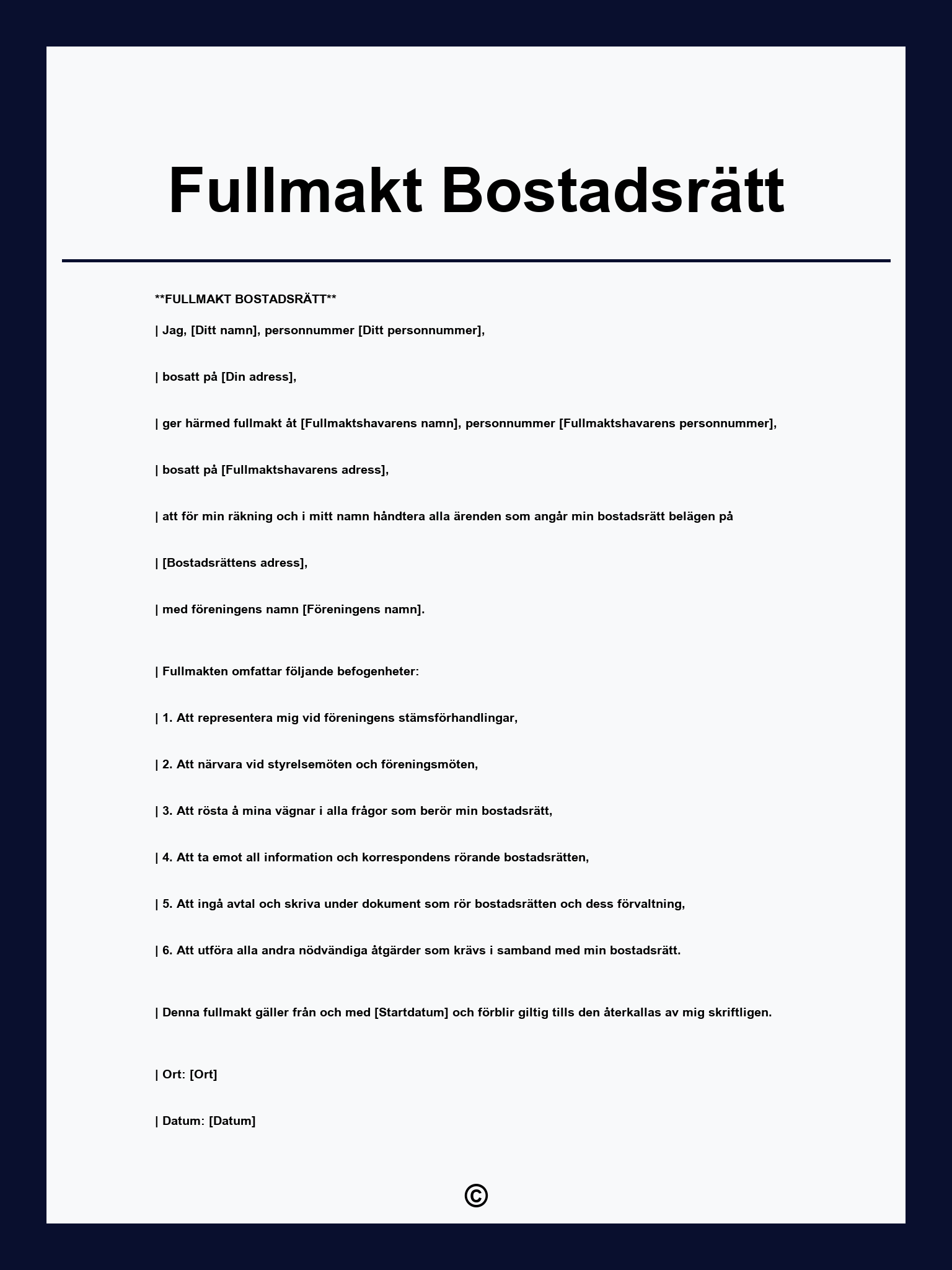 Fullmakt Bostadsrätt