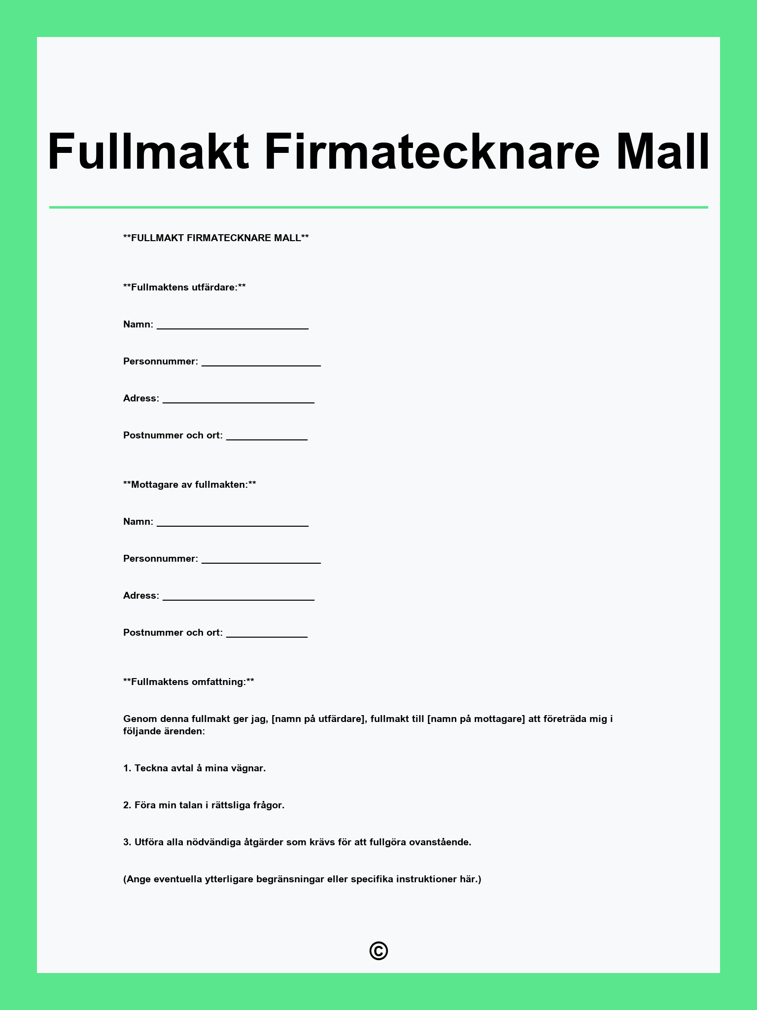 Fullmakt Firmatecknare Mall