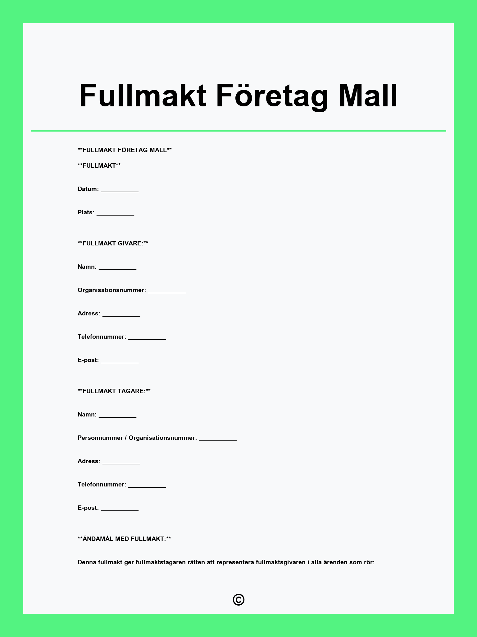Fullmakt Företag Mall