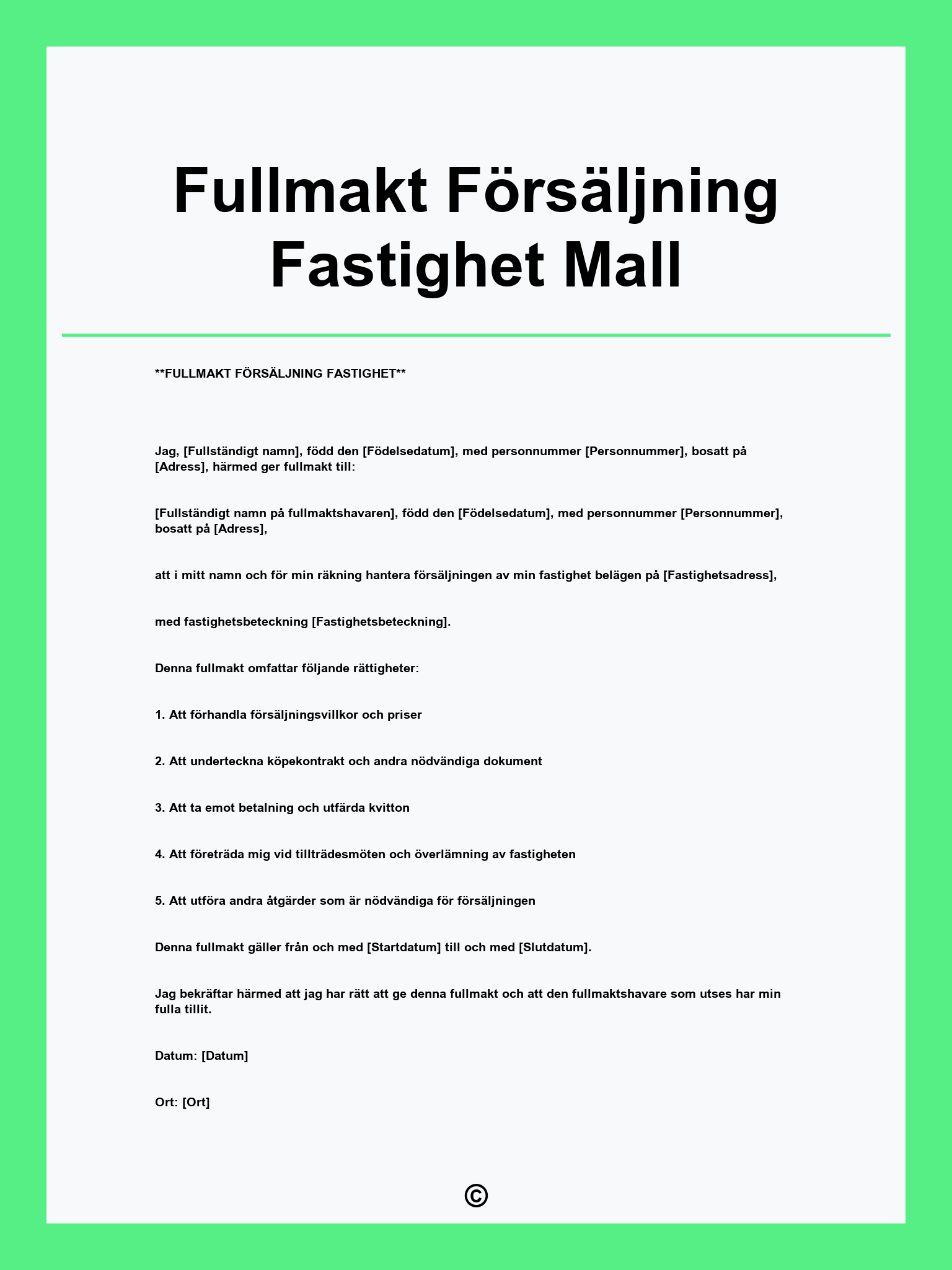 Fullmakt Försäljning Fastighet Mall