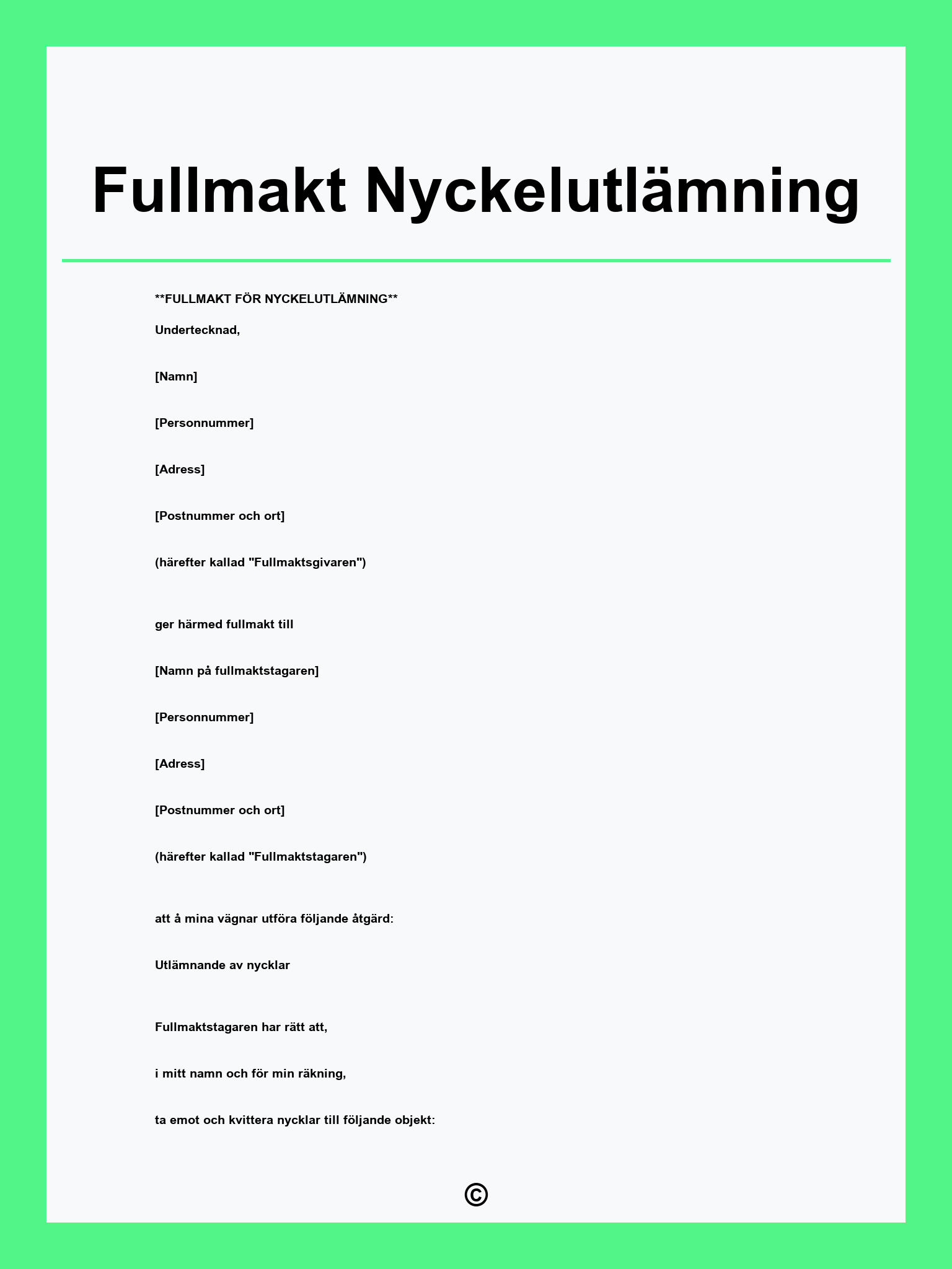 Fullmakt Nyckelutlämning