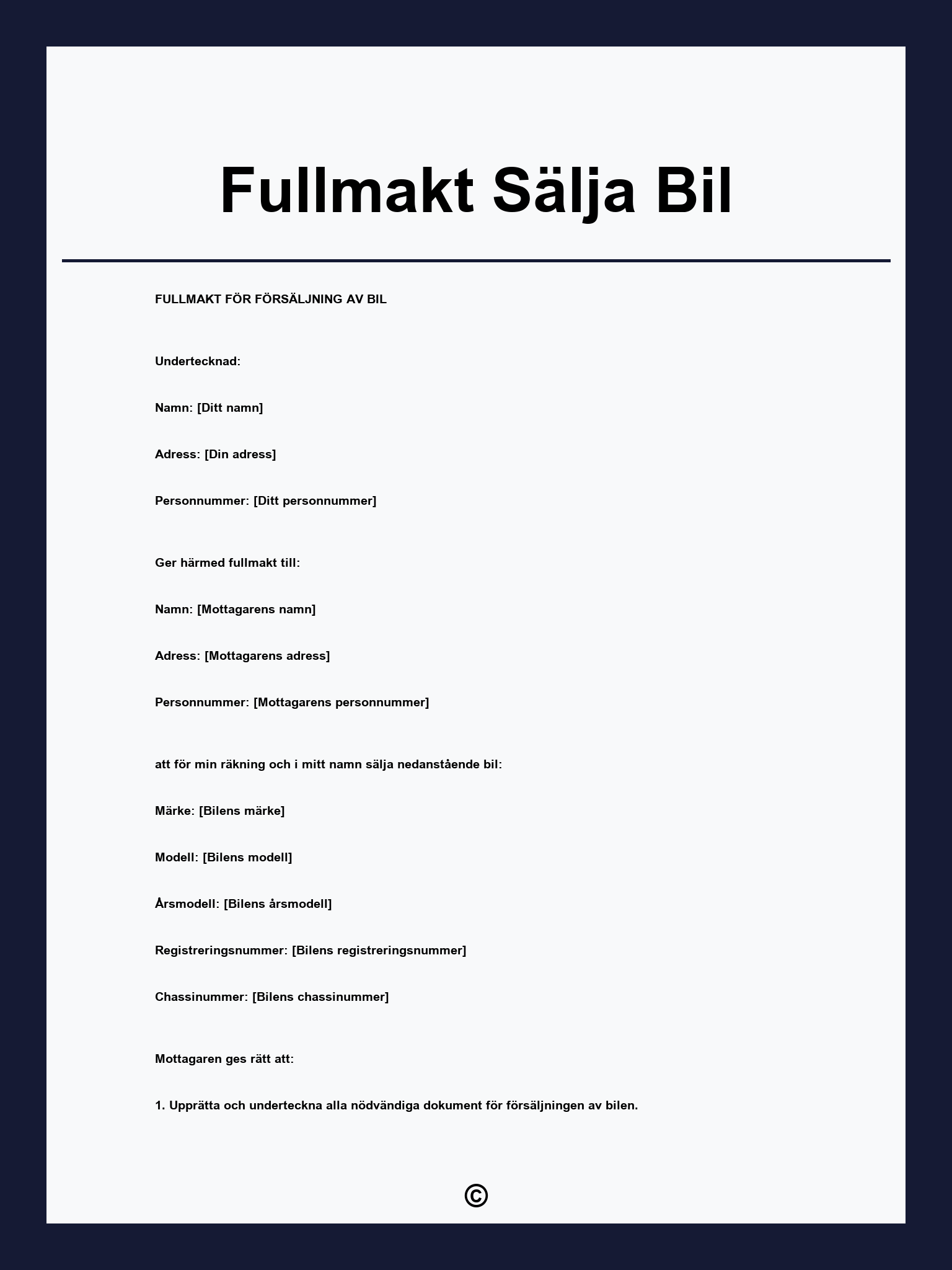 Fullmakt Sälja Bil