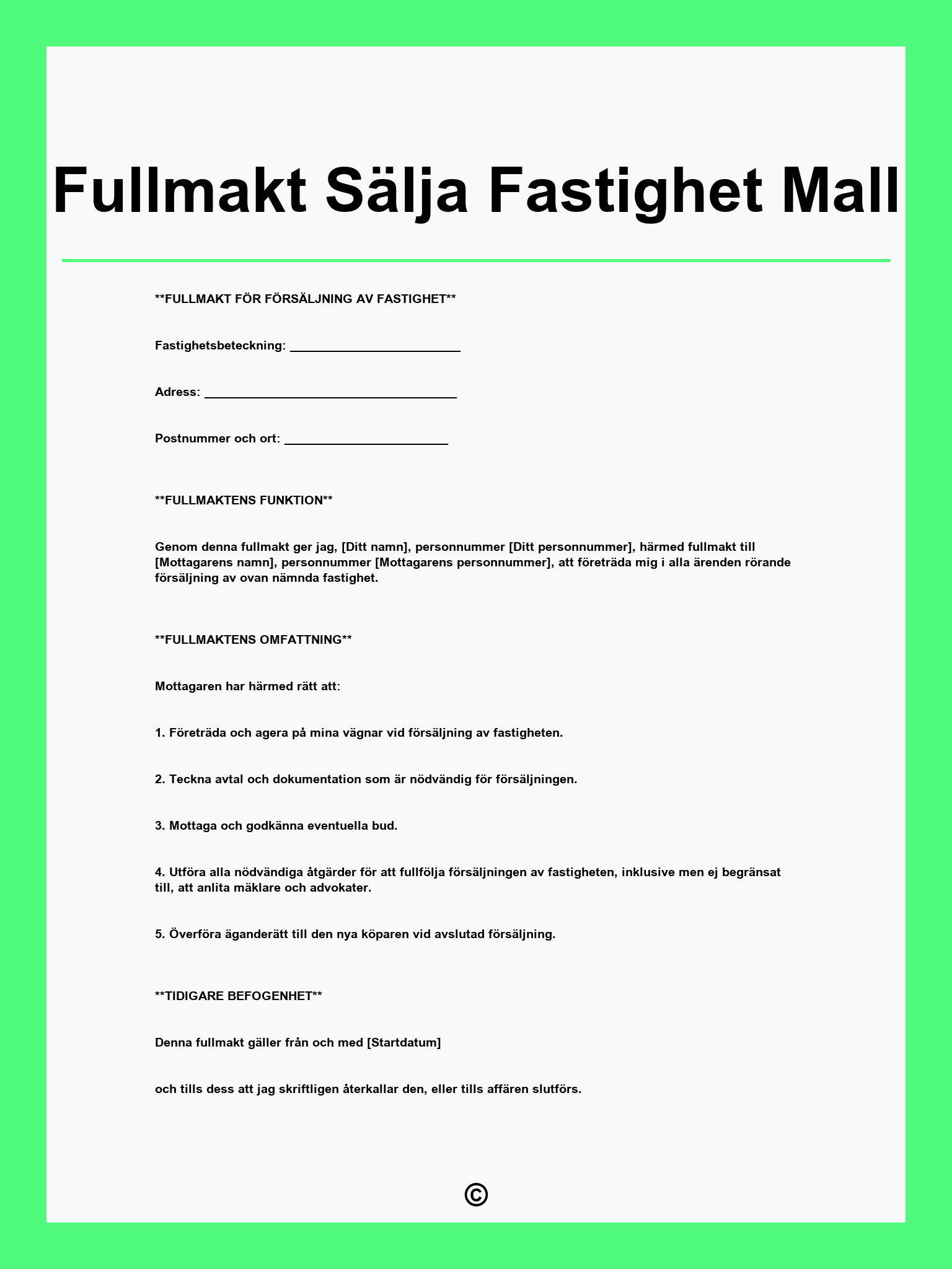 Fullmakt Sälja Fastighet Mall