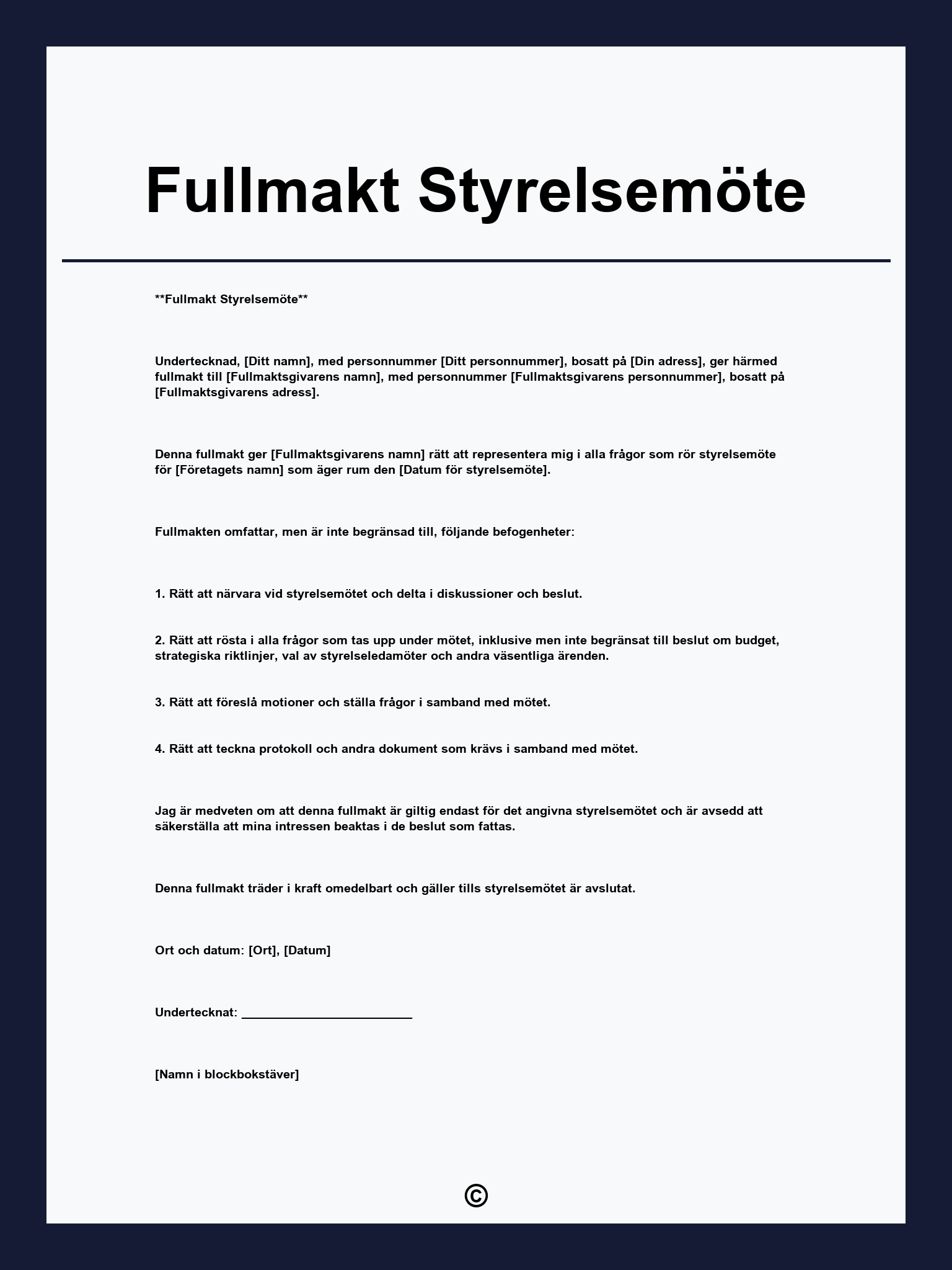 Fullmakt Styrelsemöte