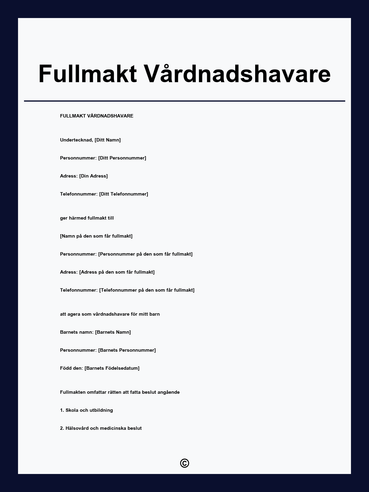 Fullmakt Vårdnadshavare