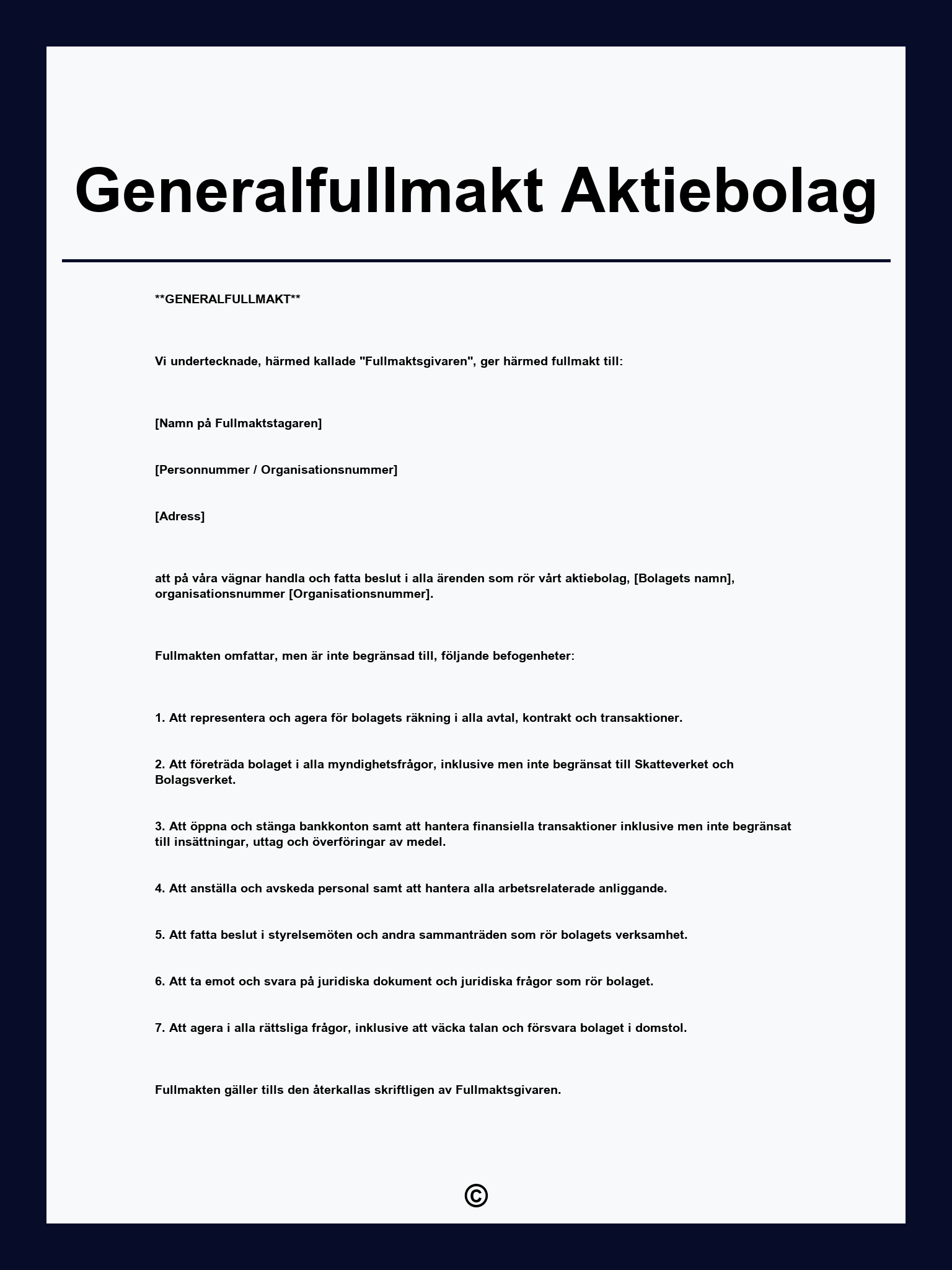 Generalfullmakt Aktiebolag
