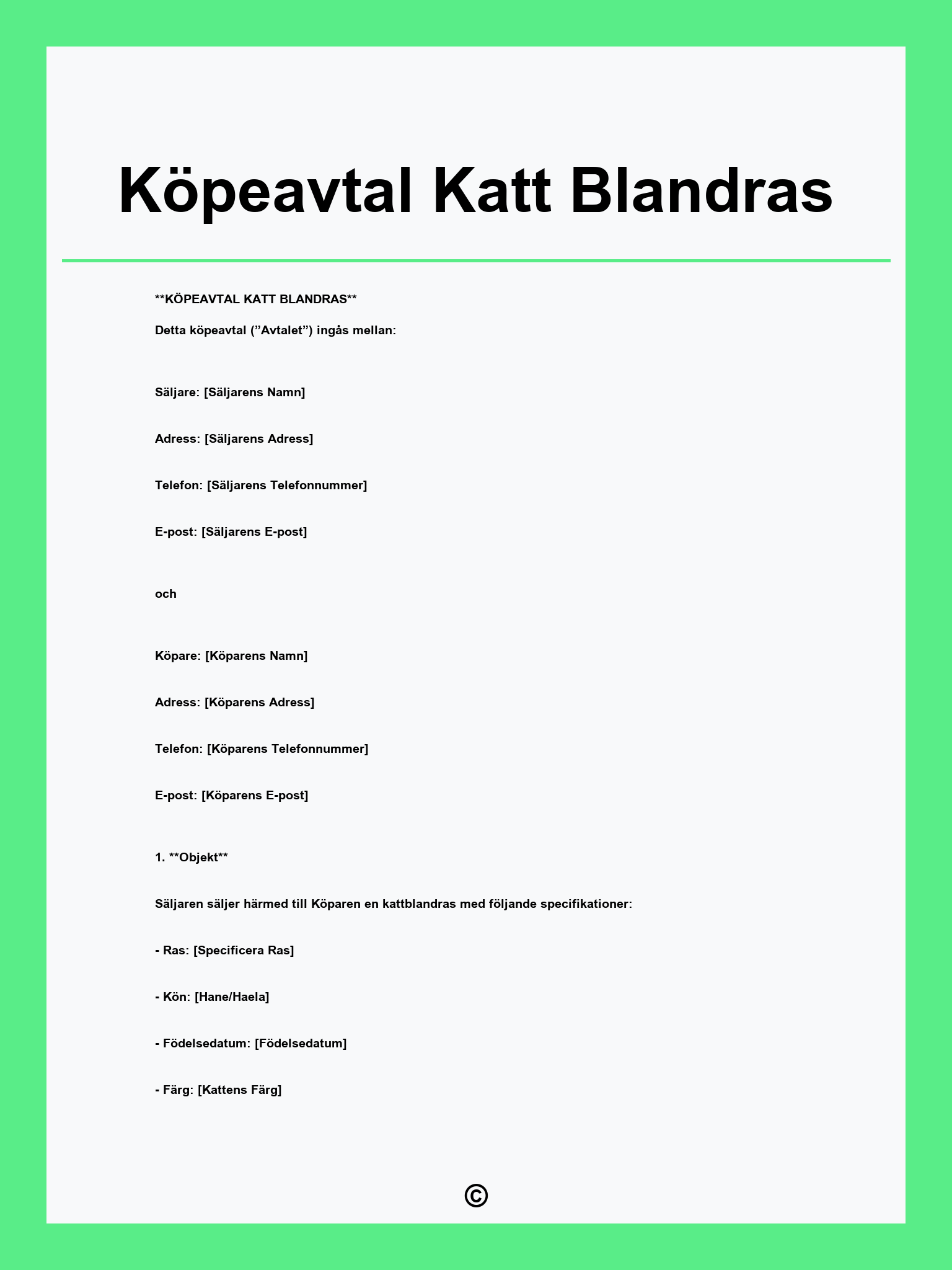 Köpeavtal Katt Blandras