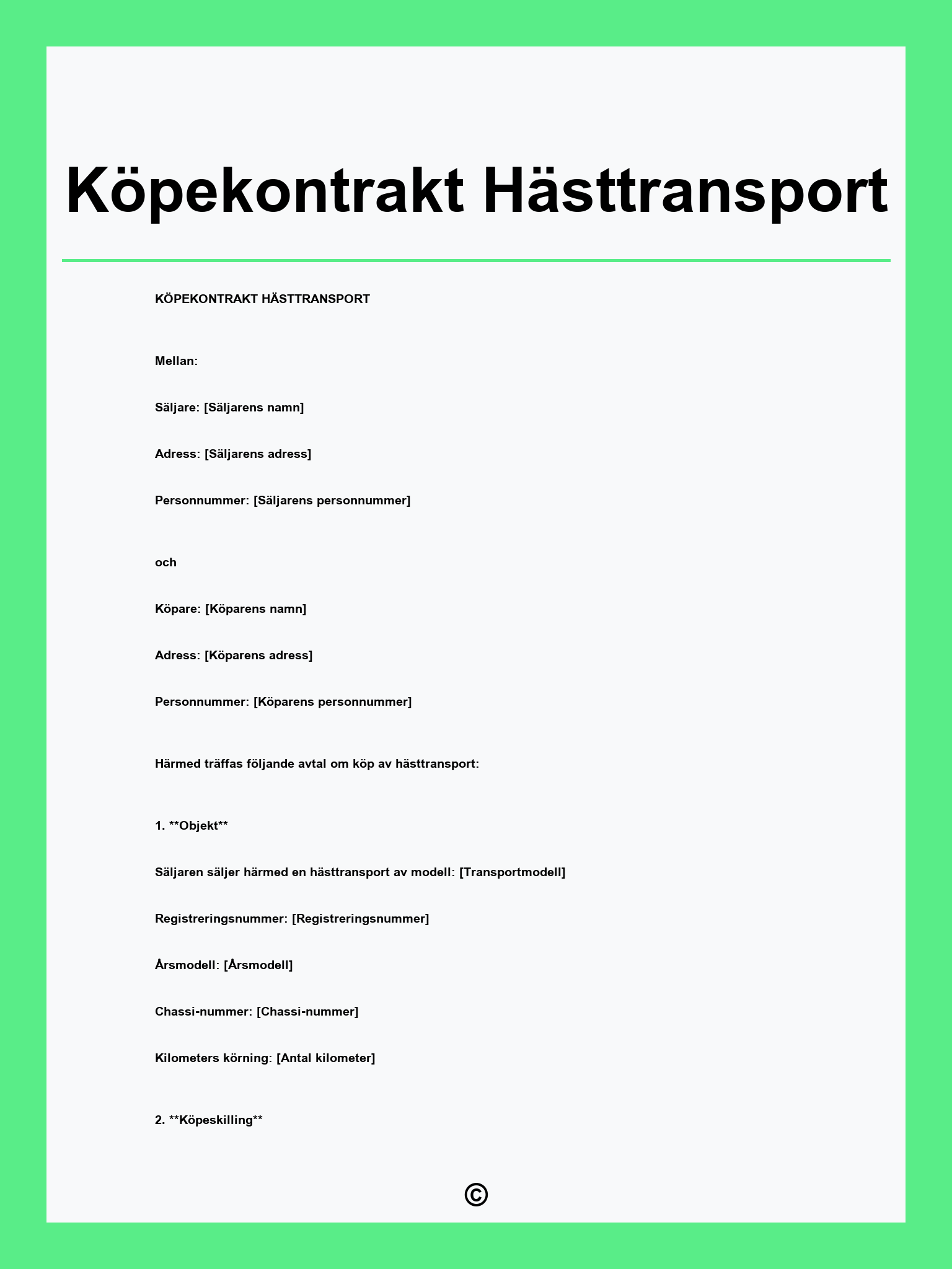 Köpekontrakt Hästtransport