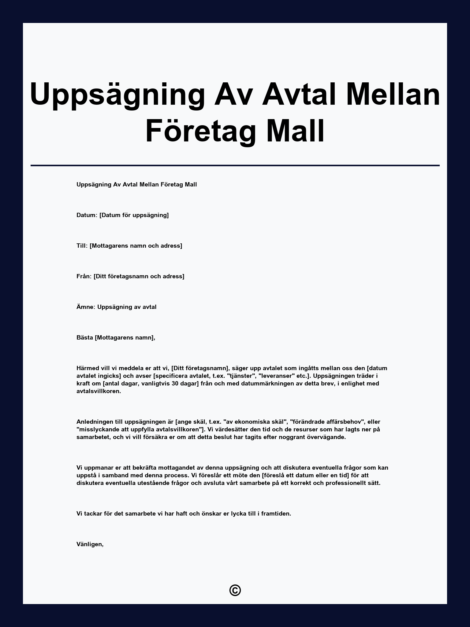 Uppsägning Av Avtal Mellan Företag Mall