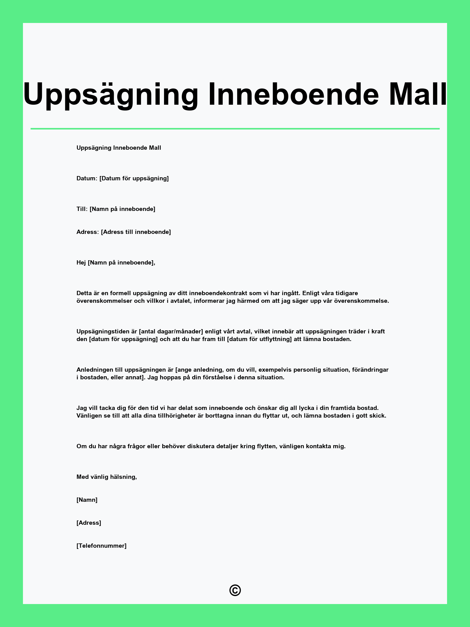 Uppsägning Inneboende Mall