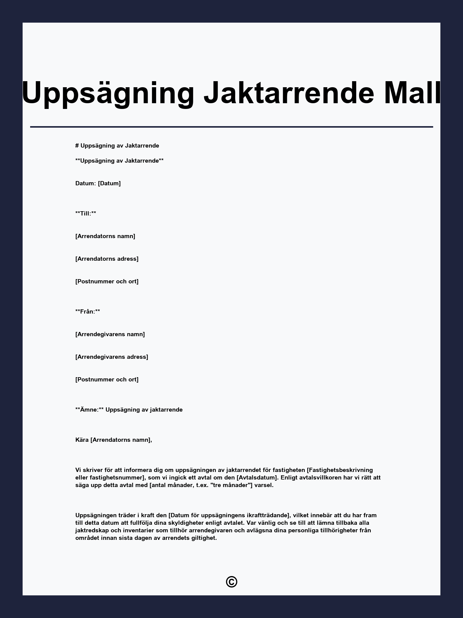 Uppsägning Jaktarrende Mall